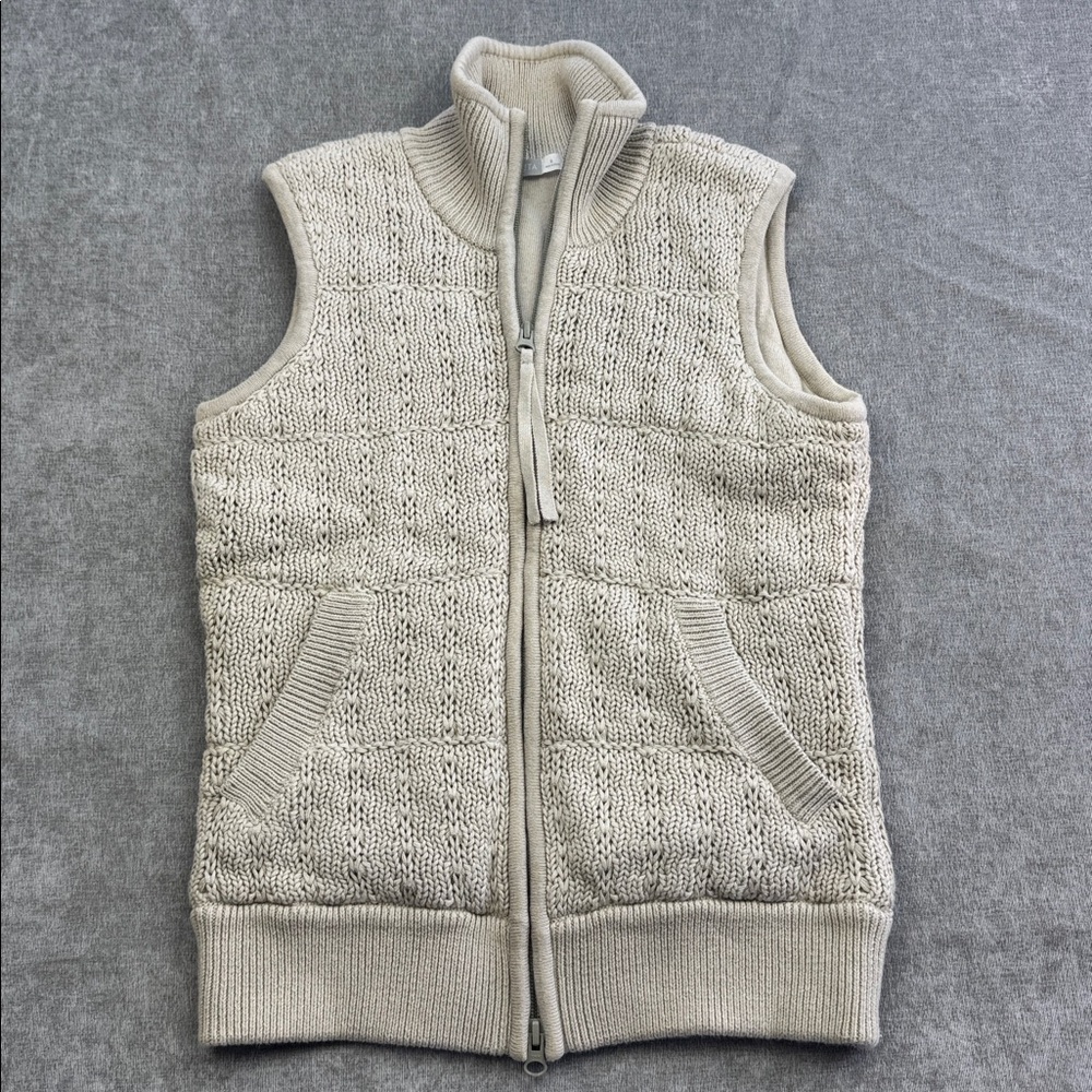 Athleta Knit Sweater Vest Full Zip Pockets Cream Beige Women’s Small